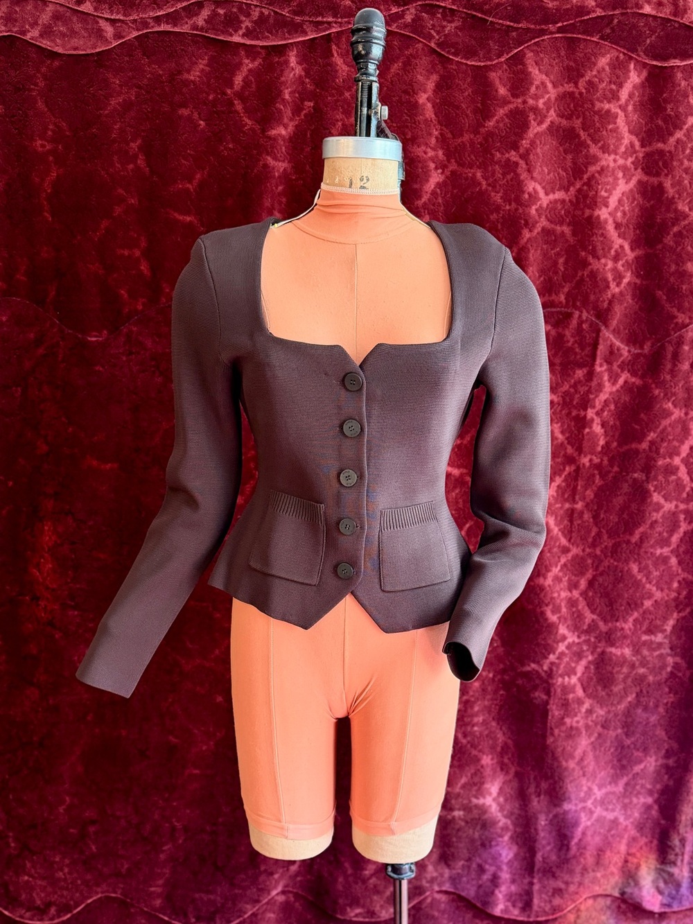 STAUD Structured Peplum Knit Blazer in Chocolate Brown